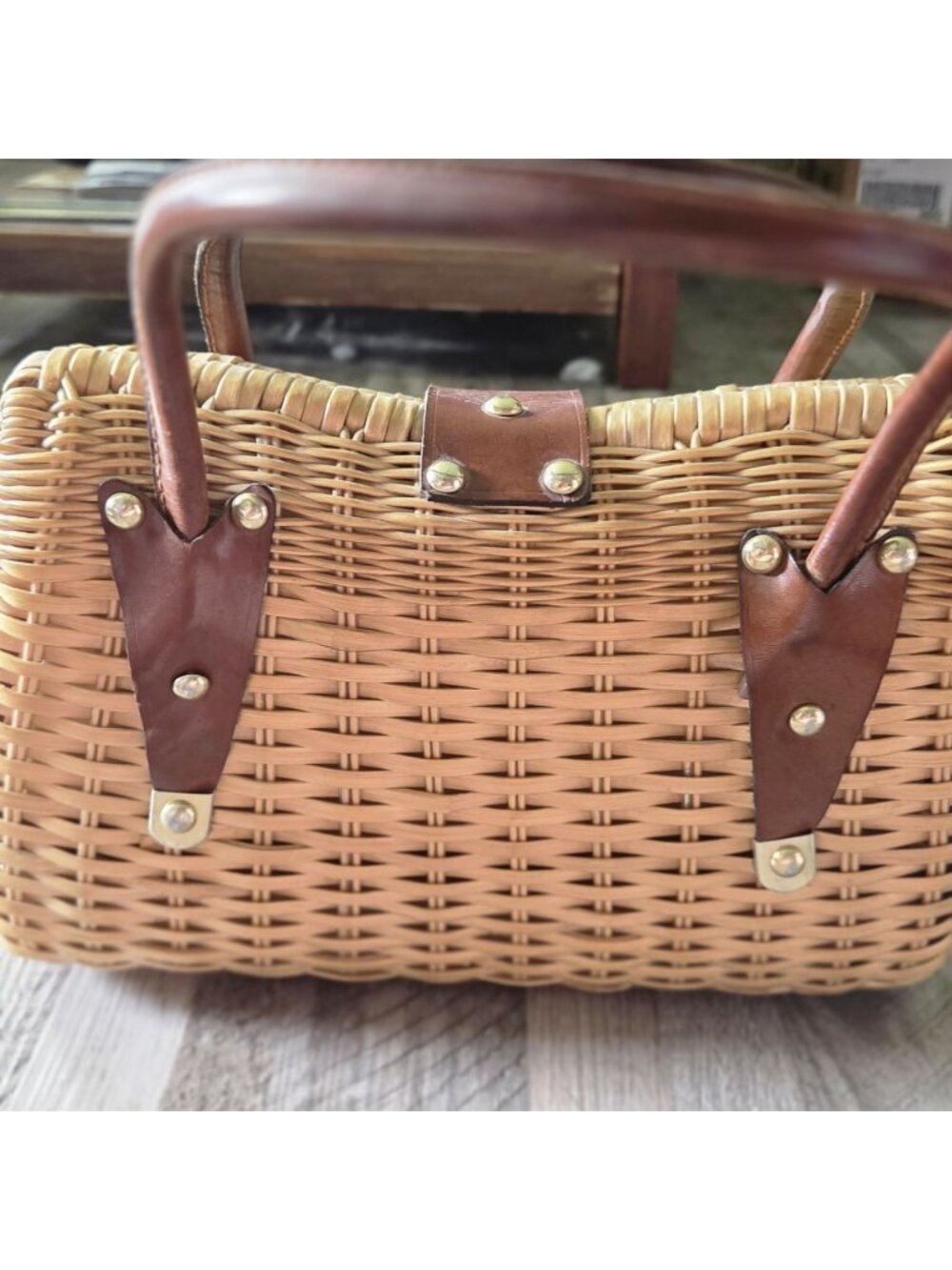 Goldeco Vintage 1960s Wicker Basket Handbag Leather Trim Top Handle Box Purse - Picture 4 of 16
